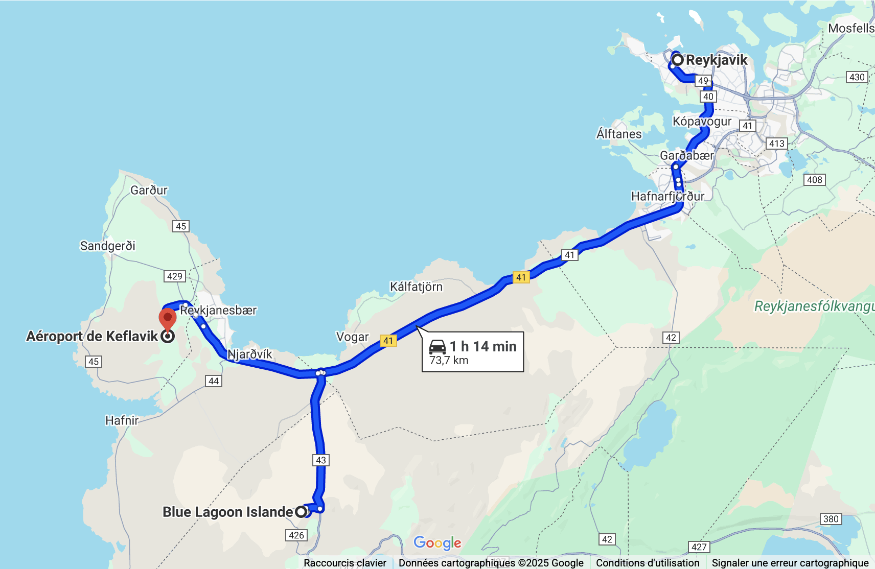 Map Reykjavik - Blue Lagoon - Keflavik